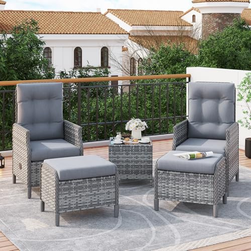 Amopatio Rattan Gartenmöbel Set mit 2 Verstellbarem Rattan Sessel, 2 Hocker & Glastisch, Wetterfest Lounge Möbel Outdoor mit Softkissen, für Garten,Terrasse & Balkon, Grau-meliert & Dunkelgraue Bezüge