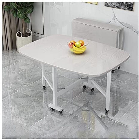 Tavolo da pranzo pieghevole regolabile in legno, design compatto, con bordi arrotondati, postazione di lavoro portatile su ruote, finitura bianca, soluzione salvaspazio