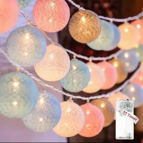 Koboko Lichterkette Baumwollkugeln,1,5M 10 LED Lichterkette Kugeln mit Timer,3cm Baumwollkugeln Lichterketten Innen,Macaron Cotton Balls Lichterketten Batterie für Kinderzimmer,Weihnachten,Hochzeit