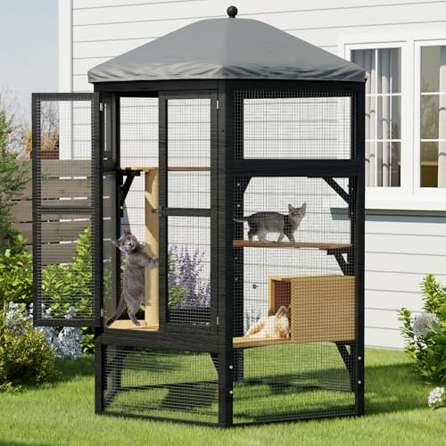 TIMHAKA Catio Outdoor Cat Enclosure,Large Cat House Kitty Cage,Indoor Outdoor Cats Outside Patio for Cats with Window Access & Waterproof Roof, Multiple Platforms & Scratching Post, 65 Black