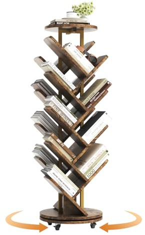 HOMRELEXA 360° Drehbares Bücherregal Baumform, Bücherregal Drehbar Standregal Multifunktionales 17 Ebenen, Beweglich und Feststellbar, für Wohnzimmer Büro Schlafzimmer, 40x40x127cm, Helles Brandholz