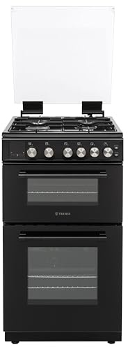 Teknix TKGD50B 50cm Gas Cooker with Lid – Freestanding Double Oven & Grill, 4 Burner Hob, LPG Convertible, Easy Clean Enamel, Black – A+ Energy Rated