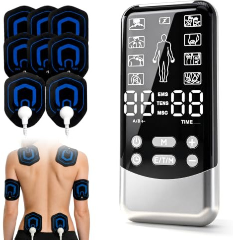 TENS EMS Gerät Schmerztherapie Reizstromgerät mit 2 Kanäle 24 Programme und 8 Elektroden-Pads zur Muskelstimulation und elektrischen Nervenstimulation Massagegerät für Rücken Nacken Gelenke