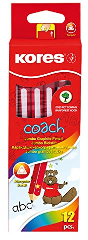 Kores Coach Jumbo HB Graphite Pencils for Kids - Soft Lead with Eraser Tip, Ergonomic Triangular Shape for Easy Grip, Back to School, Classroom Pack of 12