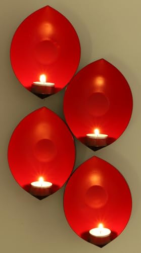 Wandkerzenhalter, Teelichtschalen aus Metall, individuelle Struktur, rot | Lebendige Farben, einfache Wandmontage, zwei Rückseiten-Ösen, matt schwarz