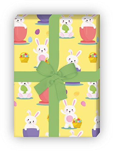Kartenkaufrausch 4 Bögen - Süßes Oster Geschenkpapier Set mit lustigen Häschen für tolle Geschenk Verpackung, Musterpapier, Dekorpapier zum basteln 32 x 48cm, auf gelb