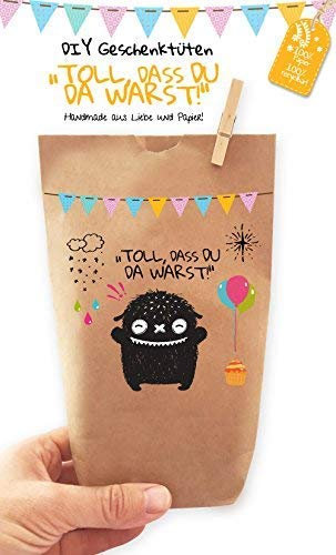 Paul´s Papierfabrik 6X Geschenktüten/Papiertüten liebevoll Bedruckt aus Kraftpapier, zum Verpacken von Geschenken, Gastgeschenken, Mitgebsel, Giveaways, Kindergeburtstag, Hochzeit. 100% recyclebar!