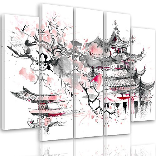 Feeby. Leinwandbild - 5 Teile - Bilder, Wand Bild, Wandbilder, Kunstdruck XXL, 5-Teilig, Typ B, 200x100 cm, JAPAN, ARCHITEKTUR, GRAU