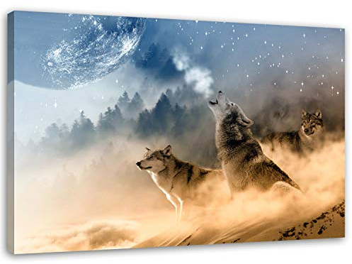 Feeby Wandbilder XXL Wolf Wald im Nebel 120x80 cm 1 Teilig Modern Wohnzimmer Schlafzimmer Bild auf Leinwand Leinwandbilder Bilder Kunstdruck Design Wanddeko Wildtiere Braun