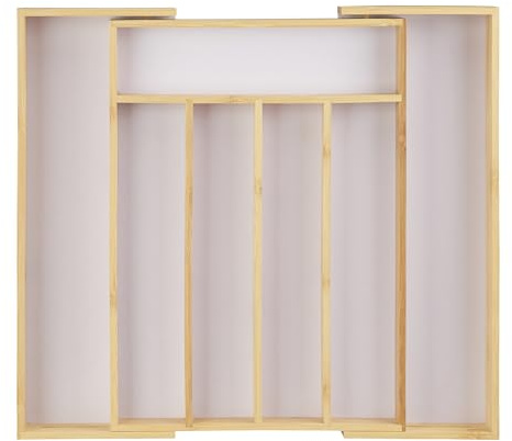 Relaxdays Besteckkasten Schublade, Ausziehbar, Einstellbare Breite, 5 bis 7 Fächer, Bambus, HBT: 5x40x35cm, Natur/Weiß