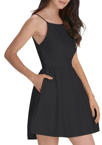 FANCYINN Vestidos de Mujer Sin Mangas Mini Vestidos Corto Casual Bodycon Dress Elegante Moda Color Sólido Camisolas Negro XS