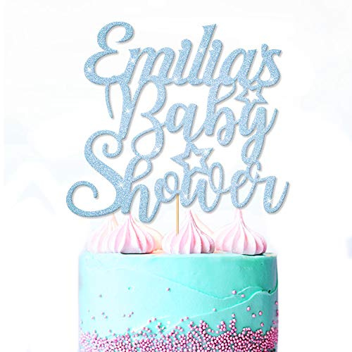 Baby Shower Cake Topper Name Personalised Hello Baby New Party Boy Girl Welcome Home Glitter Cake Topper | Double Sided Glitter Card Hand Finished in UK(Baby Blue)