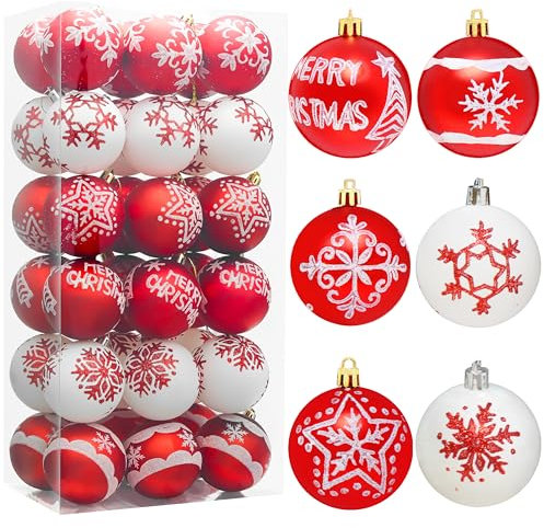 Joiedomi 36 Stück Weihnachtskugeln Ornamente, Deluxe bruchsichere Weihnachtsschmuck für Feiertage, Partydekoration, Baumschmuck und besondere Anlässe (Rot/Weiß)
