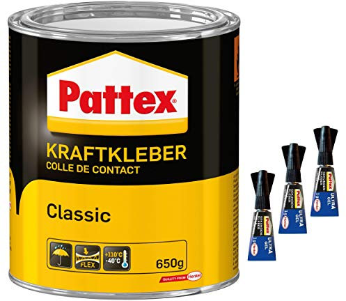 Pattex Kraftkleber Classic, extrem starker Kleber für höchste Festigkeit, Alleskleber für den universellen Einsatz, Spar-Set mit 1x 650g und 3x 1g Sekundenkleber Pattex Ultra Gel, 9HPCL6CP1X