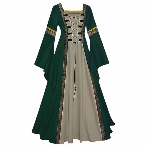 Feynman - Abito medievale retrò, stile gotico da palazzo, da donna, maniche a tromba, costume per festa rinascimentale, Verde, XL