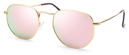 Pro Acme Kleine quadratische Sonnenbrille für Frauen Männer 100% echte Glaslinse Sechskant Rahmen (Goldene Rahmen/Rosa Linse)