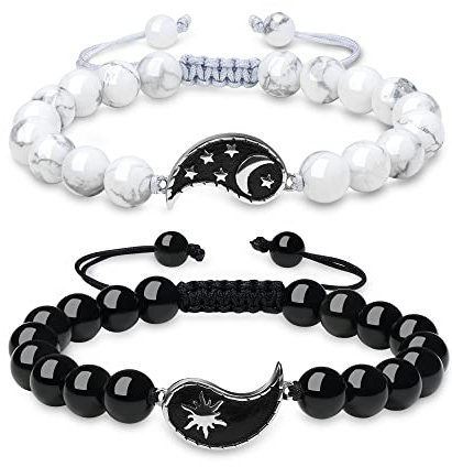 COAI Geschenkideen Partner Armbänder aus Obsidian und Howlith mit Sonne und Mond Charm für Sie und Ihn