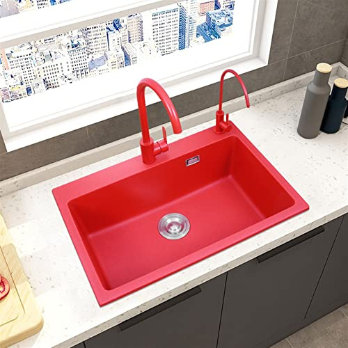 Red Granite Kitchen Sink Single ​Bowl ​ Built-in Undercounter Wash Basin Household Quartz Stone Bar Sink for Kitchen Bathroom Cloakroom Balcony Laundry(C,60x45cm)