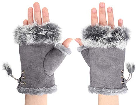 ITODA Handschuhe Fingerlose Damen Armstulpen Winter Fell Winterhandschuhe Halb Fingerhandschuhe mit Daumenloch Schreibhandschuhe Warm Fäustlinge Kurz Halbhandschuhe Tippen Fahrrad Geschenk Fahren