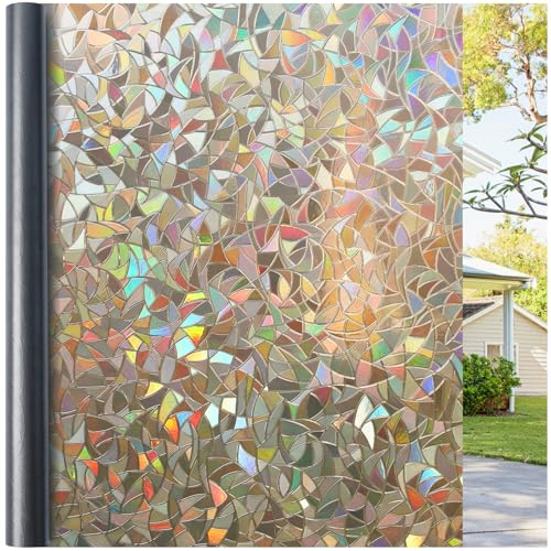 Haton Window Privacy Film, Stained Glass Rainbow Film Decorative Window Clings, Static Cling Sun Blocking Sticker Decal Covering Tint for Home Heat Control, Non-Adhesive, Brown 17.5 x 78.7