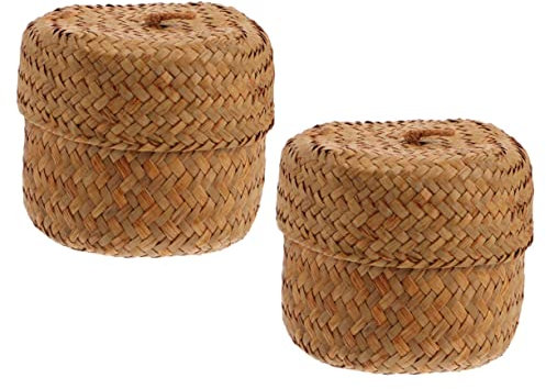 Garneck 2 Piezas Caja De Flores Cesta Del Vientre De Pastos Cesta De Almacenamiento De Ratán Con Tapa De Almacenamiento De Escritorio Mini Ronda Organizador Algas Marinas
