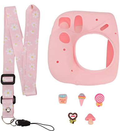 for Instax Mini 7 Plus Camera Silicone Case, Camera Soft Silicone Protective Cover with Adjustable Shoulder Strap (Pink Dessert)