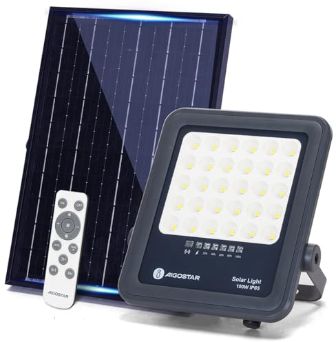 Aigostar Foco proyector LED solar con control remoto,focos solare de 100W, 1000LM,luz blanca fría de 6500K,IP65 impermeable Luz solar exterior,para jardín,terrazas,caminos,garajes,cable de 2M