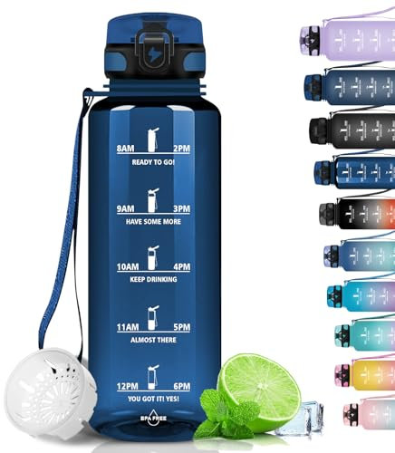 Grsta Botella agua - 1500ML - Botella de Agua Deportiva, Botella agua Gimnasio, a Prueba de Fugas y no BPA, Botella agua Gym Motivacional con Sello de Tiempo para Ciclismo, Camping - Azul Marino