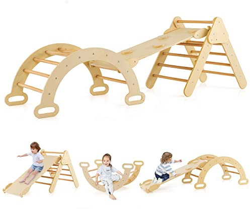 COSTWAY Kletterdreieck mit Rutsche, Kletterbogen, inkl. doppelseitige Rampe, zum Klettern, Rutschen und Wippen, 4 in 1 Klettergerüst Indoor ab 1 Jahr (Holzfarbe)