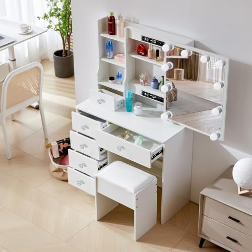 LIANWANG Schminktisch mit Hollyhood Beleuchtung, Kosmetiktisch mit Spiegel für Make-up，Frisiertisch mit 3 Farben Einstellbarer Helligkeit, 1 Hocker und 5 Schubladen für Tochter Schlafzimmer H3139