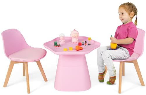 LIFEZEAL Kindertisch mit 2 Stühlen, Kinder Spieltisch & Stuhl mit Rückenlehne & Holzbeinen, 3-teiliges Kindermöbel Sitzgarnitur mit 2 cm weichem Kissen für Kindergarten, Kinderzimmer, Rosa