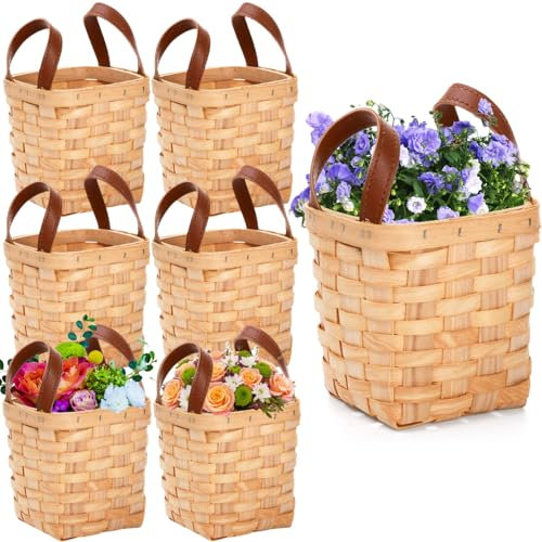 ZOOFOX 6 Pack Small Wicker Basket with Handle, 4 x 4.5 Woodchip Baskets for Gifts Empty, Rustic Style Basket Flower Girl Baskets for Wedding Home Party Decor Easter Gift Packing
