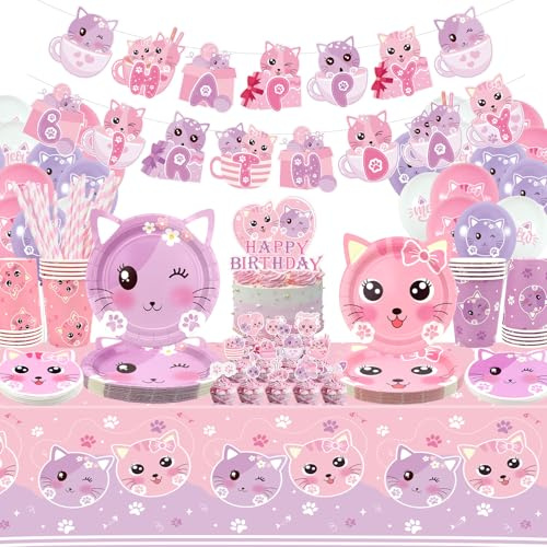 Cat Birthday Party Supplies Set, Kätzchen Geschirr umfasst alles Gute zum Geburtstag Banner, Teller, Tischdecke, Tassen, Luftballon und Strohhalme für Kinder Cat Party Dekorationen, dient 20 Gäste