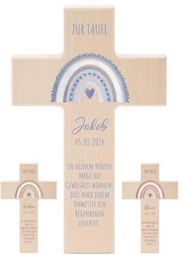 wunderwunsch - Personalisiertes Taufkreuz mit hochwertigem Spezial-Druck aus massivem Buchenholz - Taufe Geschenk - Holzkreuz Taufe (Regenbogen blau)