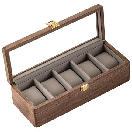muso wood Watch Display Box, 5 Slot Watch Case for Men, Watch Organizer Box with Glass Lid, Watch Case with Removable Velvet Pillow, Father's Day Gift - 5 Slot, Walnut