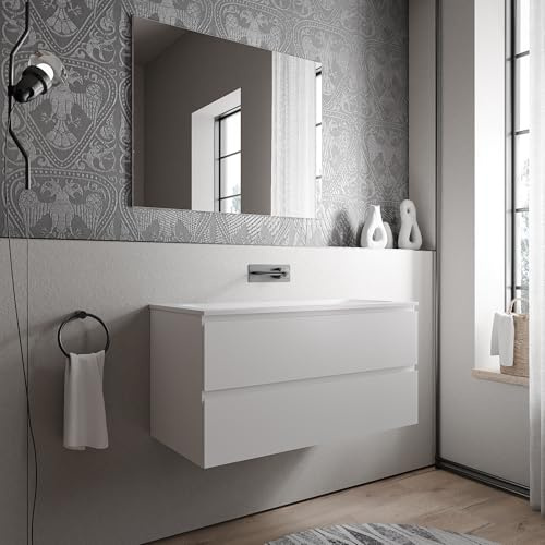 BERNSTEIN Badmöbel-Set Ava 100cm bestehend aus Mineralguss-Waschbecken mit Unterschrank in Weiß matt, Waschtisch CREAM - Weiß matt ohne Hahnloch, Ideal für mittelgroße Bäder und Badezimmer