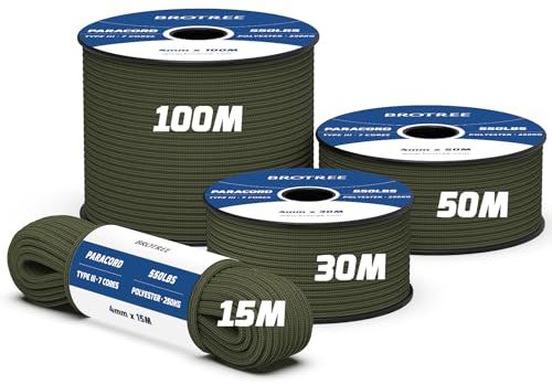 Brotree 550 Paracord 4mm 50m Schnur 100% Polyester Seil Reißfest 7 Kern | 250kg (550lbs) Bruchlast, Typ III, Armbänder, Basteln, Outdoor, Camping, Survival