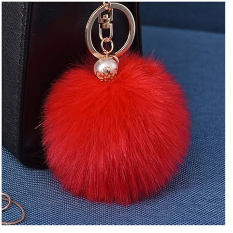 Wisafory Schlüsselanhänger Pom Pom mit Gold Perle Flauschigen Kunstfell Schlüsselbund Taschenanhänger Taschen Koffer Rucksäcke Zubehör Schlüsselring Handy Charme für Frauen Großes Rot