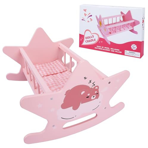 Wooden Baby Doll Crib Set, Pink Bed Toys, Rocking Baby Doll Cradle Accessories, Play Cradle Furniture Accessories,Gift for Boys Girls Kids, Ages 3+