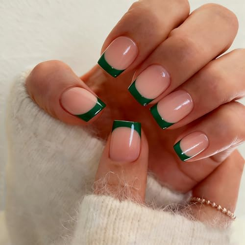 KQueenest Soft Gel Press On Nails French Tip - 30 Stück Dunkel Grün Nägel zum Aufkleben Kurz Eckig, Natürlich Fake Nails Künstliche Fingernägel, Glänzende Acryl Full Cover French Nägel für Frauen