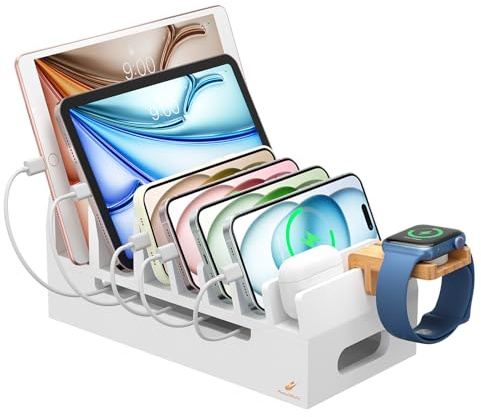 Pezin & Hulin Bamboo Charging Station with Watch Stand-White | Docking Holder for Multi Device, Desktop Dock Stations Electronic Organizer for CellPhone, Tablet, Watch-No Charger Power