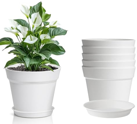 GOIEHIR Vasi da Fiori in Plastica, Set di 6 Vasi da Fiori in Plastica per Erbe Aromatiche, Vaso da Fiori da 8,8 cm con Sottovaso, Vasi per Piante, per Piante Grasse e Cactus, Bianco