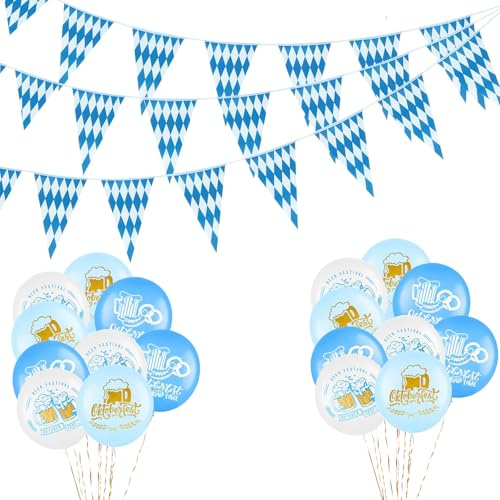 AXERHK Oktoberfest Deko Set, Bayerisch Blau/Weiß Dreieck Banner, Banner, 30 m x 1 Stück, 30 Flaggen, Bayrische Flagge für Oktoberfest, Bier Festival, Bar, Garten Party Deko, Blau, Weiß