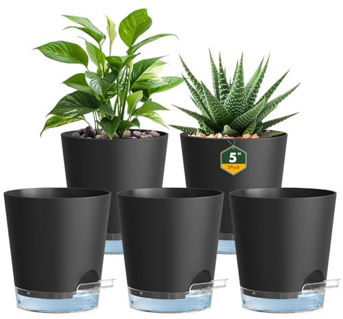 Homeuouz 12 cm Self Watering Pots With clear reservoir, 5 Pack Plastic Flower Pots with Drainage Holes and Saucer, Indoor plant pots for Herbs and All House Plants, Black