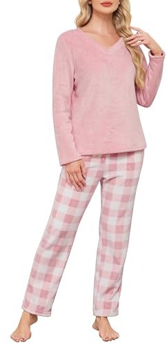 Sopesil Pigiama Donna Invernale in Pile a Scozzese Set Pigiama Lungo Donna in Flanella con Maniche Lunghe Pigiami con Collo a V e Tasche Caldo e Comodo Taglie S-XXL
