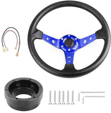 Volante Sportivo Auto, Volante a Calice Volanti da drifting sportivi in ​​lega di alluminio 350 mm e 14 pollici con piastra adattatrice 70 PCD(Blue with Black)
