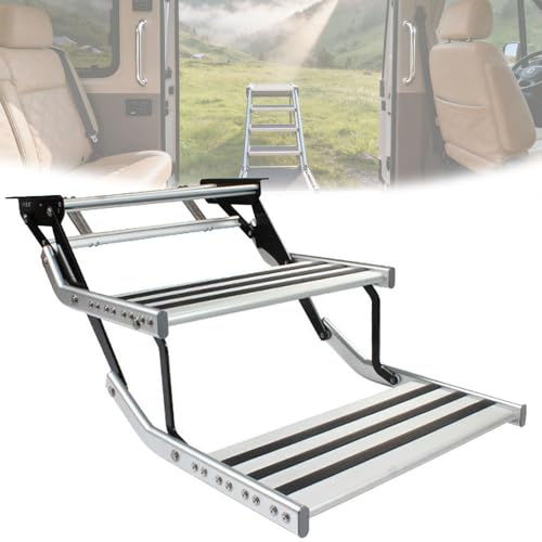BEESOM Escalier Entrée Télescopique Pliable Car,Charge Super Résistante 200kg-With Light, Pédale RV Pliante Manuelle,Marchepied électrique Rétractable Manuel,pour Cars,Caravane Electric-doublelayer