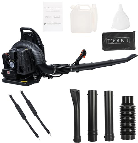 Souffleur à feuilles à essence 63 cc - Moteur 2 temps - 2,3 kW - Puissant souffleur à feuilles et aspirateur à feuilles avec réservoir de 1,7 l - Volume d'air 665 CFM - 6800 tr/min - Souffleur dorsal