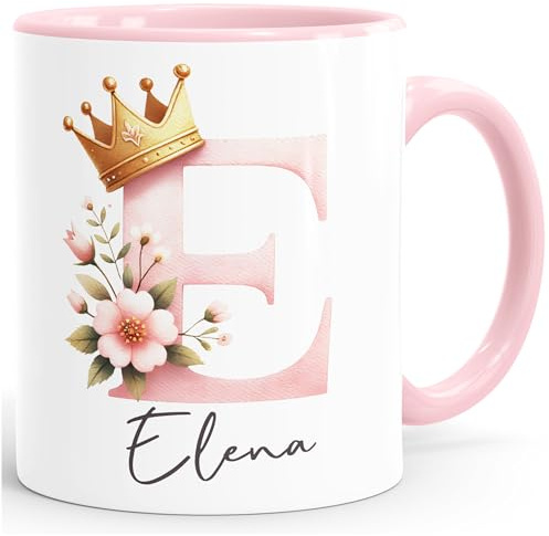 SpecialMe® Kaffee-Tasse Buchstabe Initiale Monogramm personalisiert mit Namen Design Floral Krone Prinzessin persönliche Geschenke Weiss-innen-rosa standard