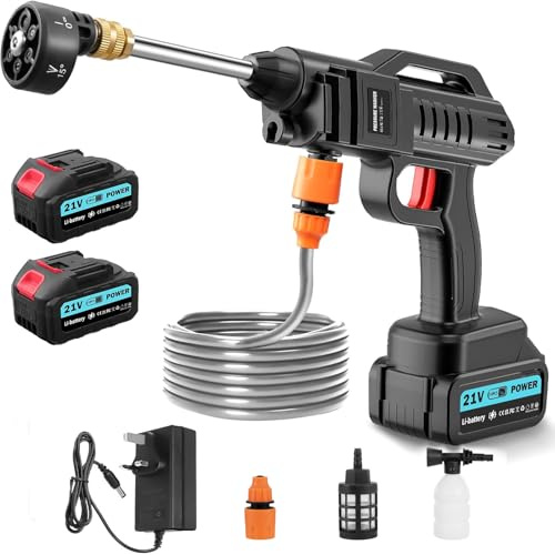 21V Akku-Hochdruckreiniger, Tragbarer Hochdruckreiniger mit 6-in-1 Multifunktionsdüse, 2 Akkus, 62 bar/899 PSI Hochleistungsgerät mit 2 Düsen und 5 m Schlauch zum Waschen von Autos, Böden und Gärten